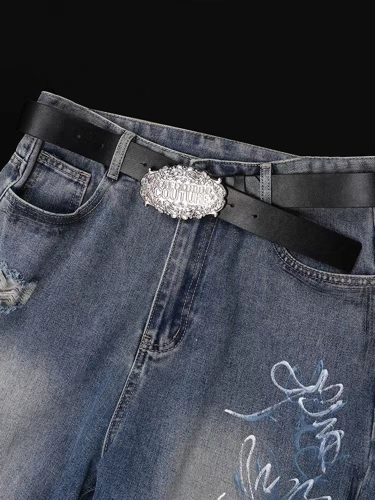 Startexceedend Leather Belt Silver Ornate Logo Metal Buckle Waist Belt