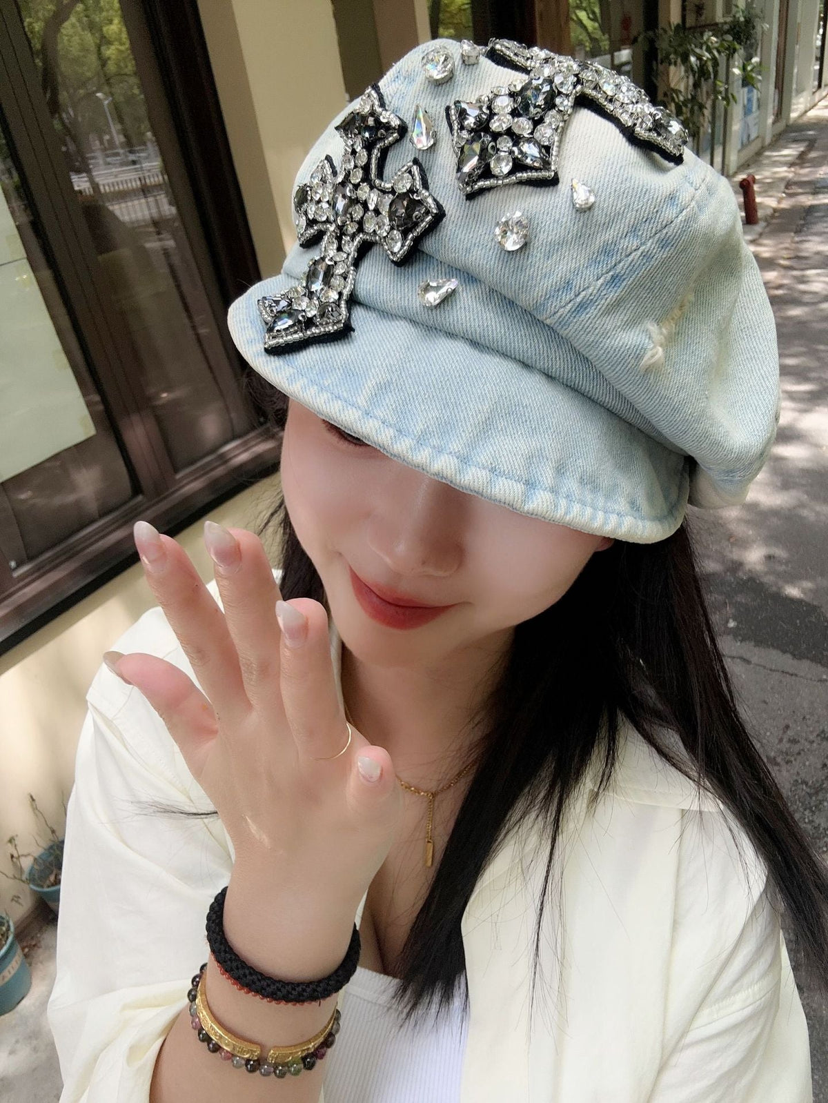 Rhinestone Cross Denim Octagonal Beret Vintage Y2K Women Newsboy Cap