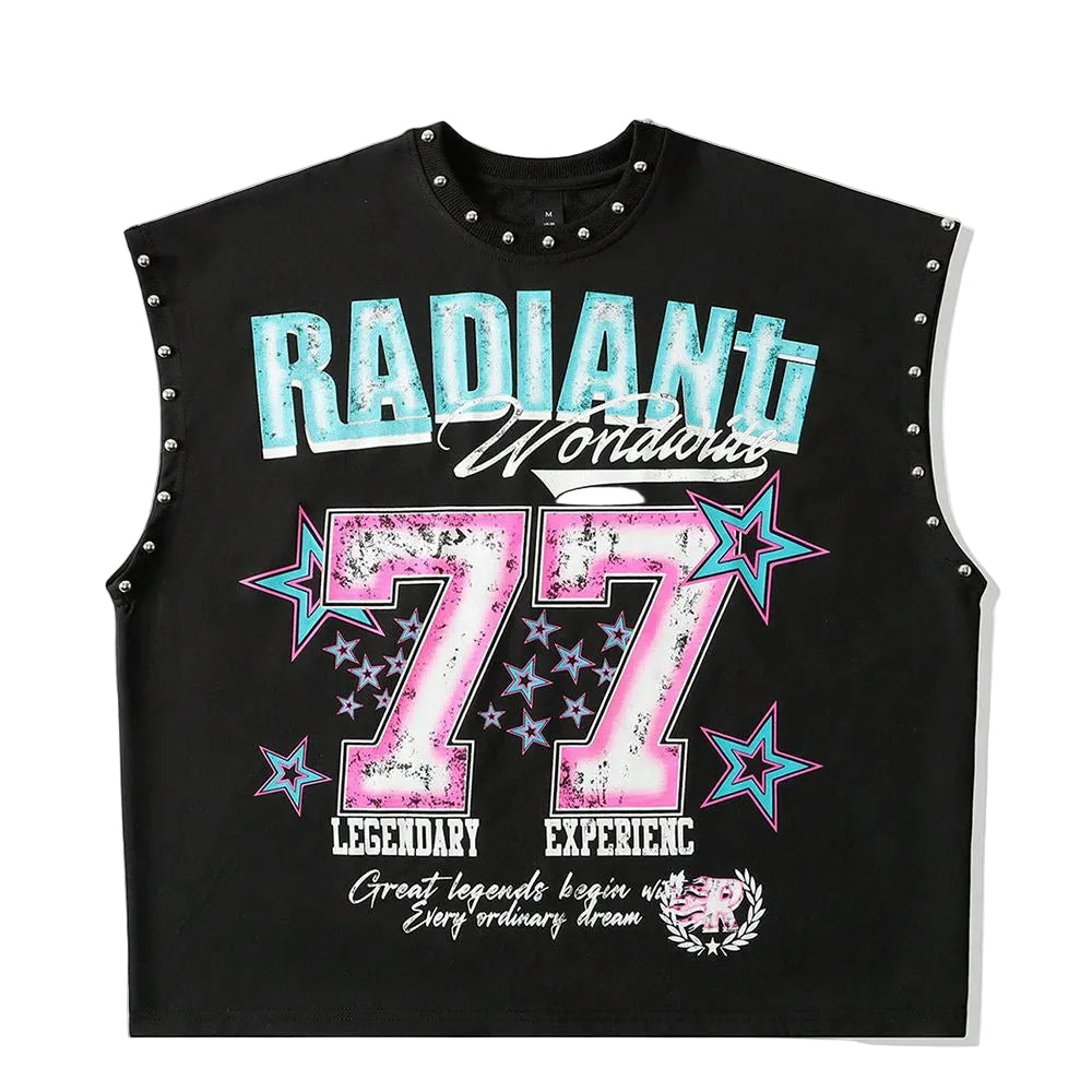 Vintage Letter Number Graphic Rivet Sleeveless Loose Vest Top Women