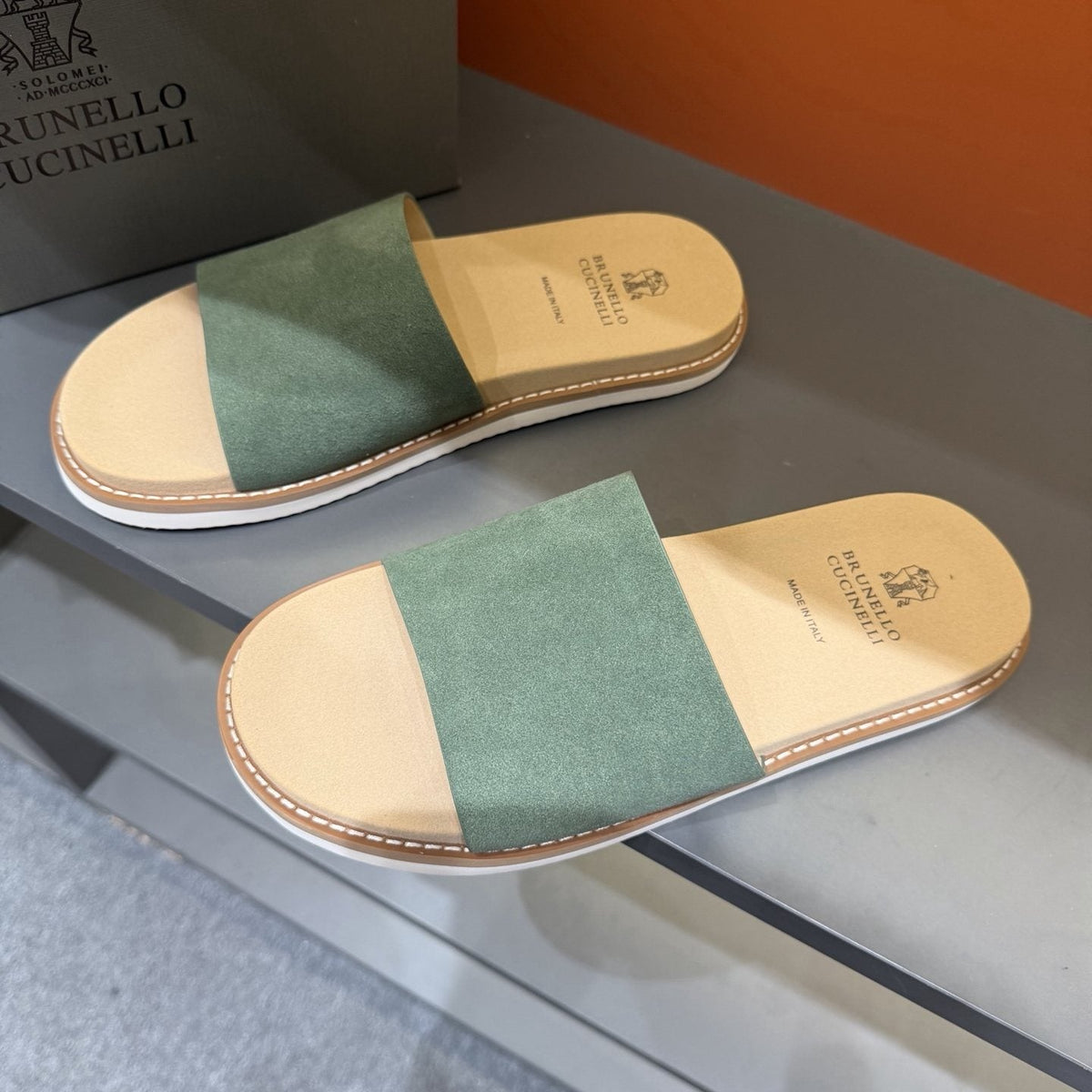Brunello Cucinelli Men's Sage Green Slide Sandals