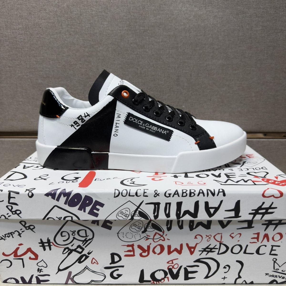 Dolce & Gabbana White Black Orange Low-Top Sneakers